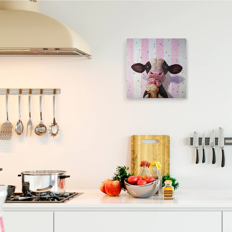 Stupell Industries Cute Baby Cow with Ice Cream Cone Pink Stripes Canvas Wall Art