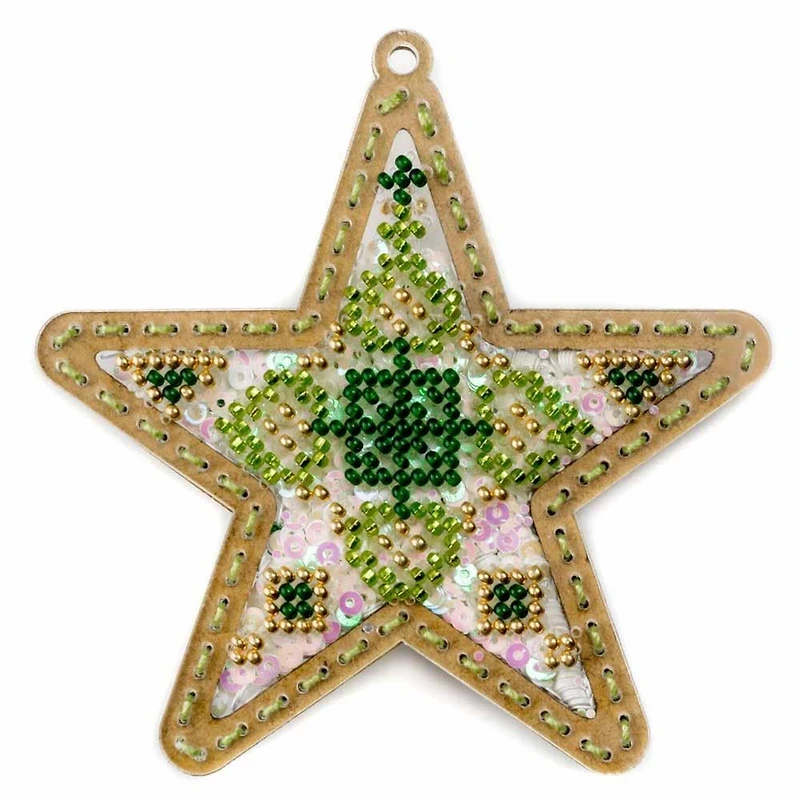 Wonderland Crafts Green & Gold Star Christmas Ornament Bead Embroidery Kit