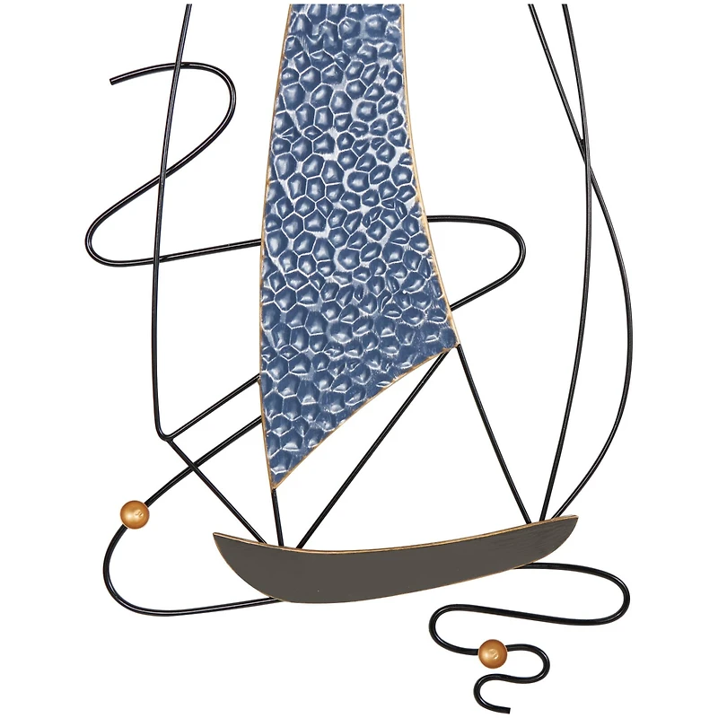 Blue Metal Sailboat Wall Decor with Black Wire Frame and White Bird Accents
