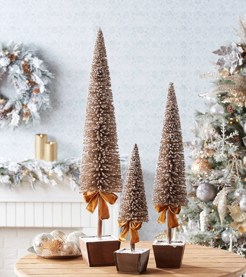 Glittery Golden Potted Pine Tree Tabletop Décor Set, 39", 30" & 20.5"