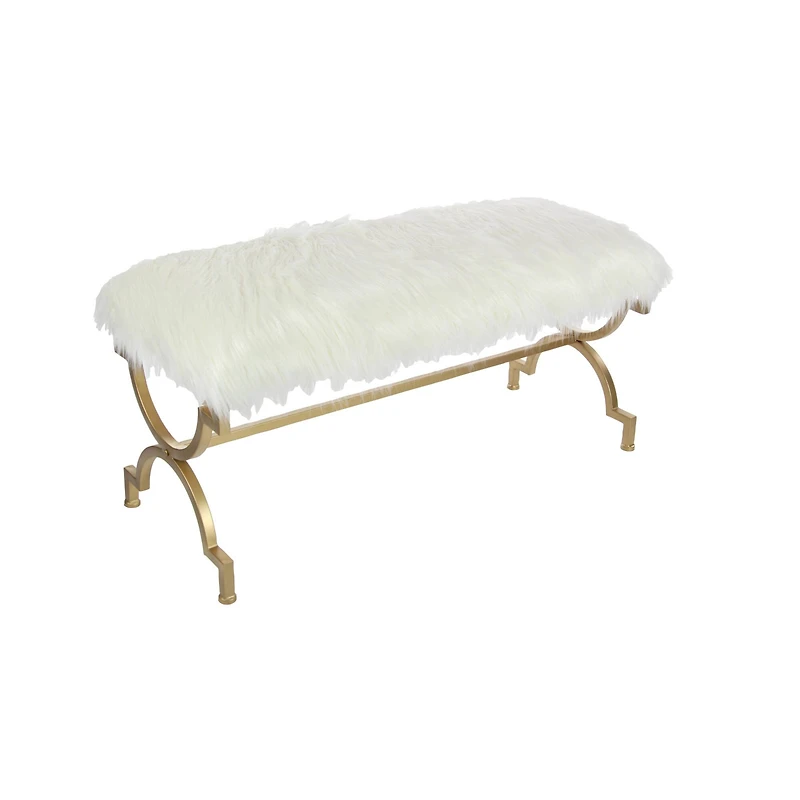 White Fur & Metal Contemporary Bench
