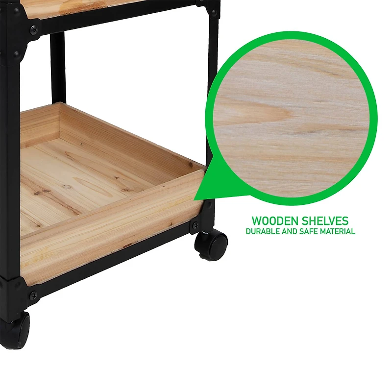 Mind Reader 3-Tier Black Metal Rolling Organizer with Wooden Baskets