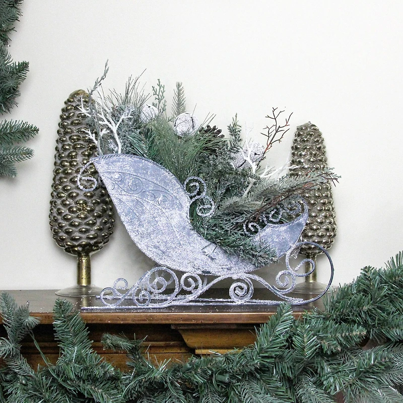 9.5" Gray & Green Frosted Pinecone in Foliage Filled Tabletop Sleigh