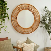 Brown Rattan Bohemian Wall Mirror, 39" x 4" x 39"