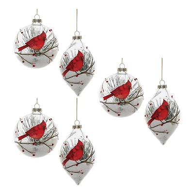 Glittered Glass Cardinal Ornament with Snow & Pine Filler Set