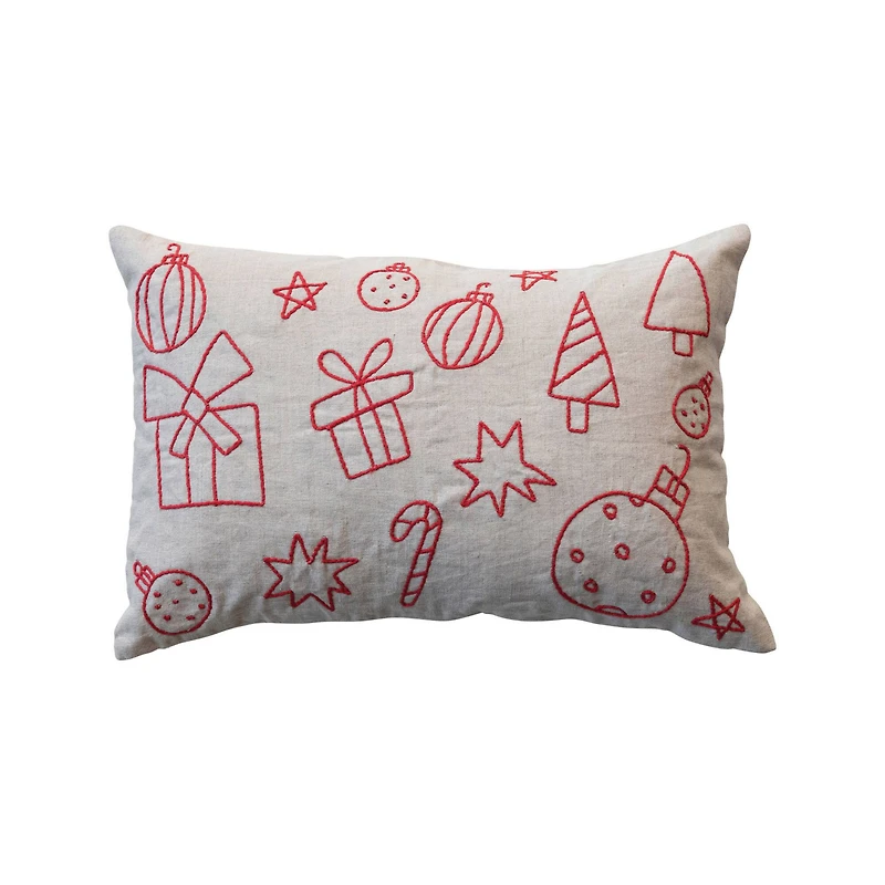 Hello Honey® 24" x 16" Embroidered Red & Natural Holiday Icons Lumbar Throw Pillow