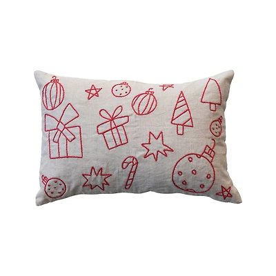 Hello Honey® 24" x 16" Embroidered Red & Natural Holiday Icons Lumbar Throw Pillow
