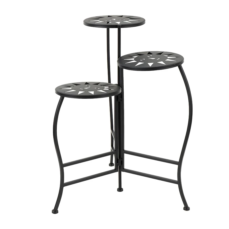 24" Black Metal Folding 3-Tier Plant Stand with Sun Face Cutouts