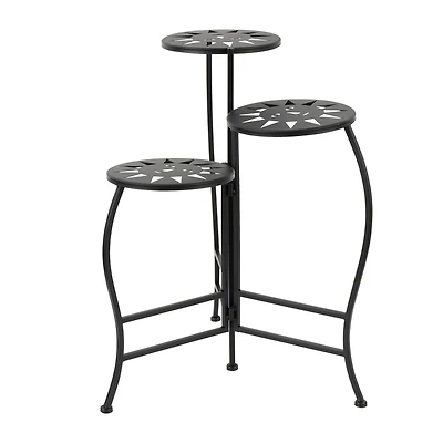 24" Black Metal Folding 3-Tier Plant Stand with Sun Face Cutouts