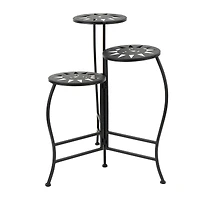 24" Black Metal Folding 3-Tier Plant Stand with Sun Face Cutouts
