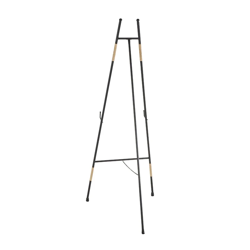 53.5" Black Metal Slim Foldable 2-Tier Easel with Wrapped Rattan Accents