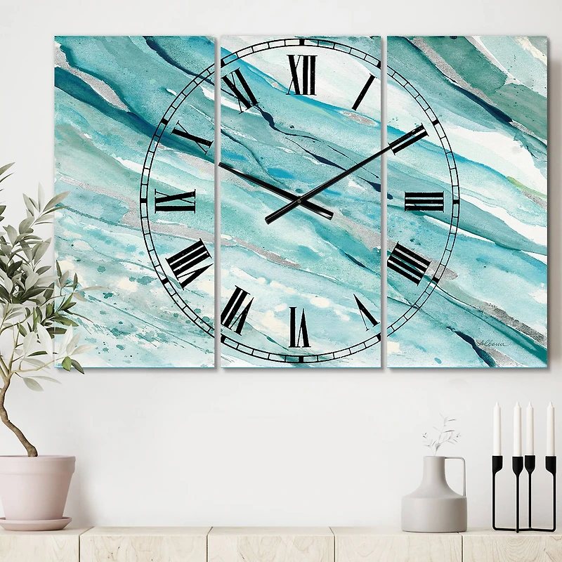 Designart Blue Green Silver Springs Coastal 3 Panel Wall Clock