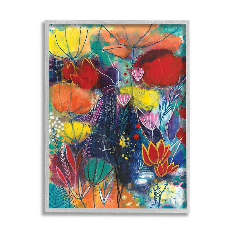 Stupell Industries Abstract Flower Field Orange Blue Yellow in Gray Frame Wall Art