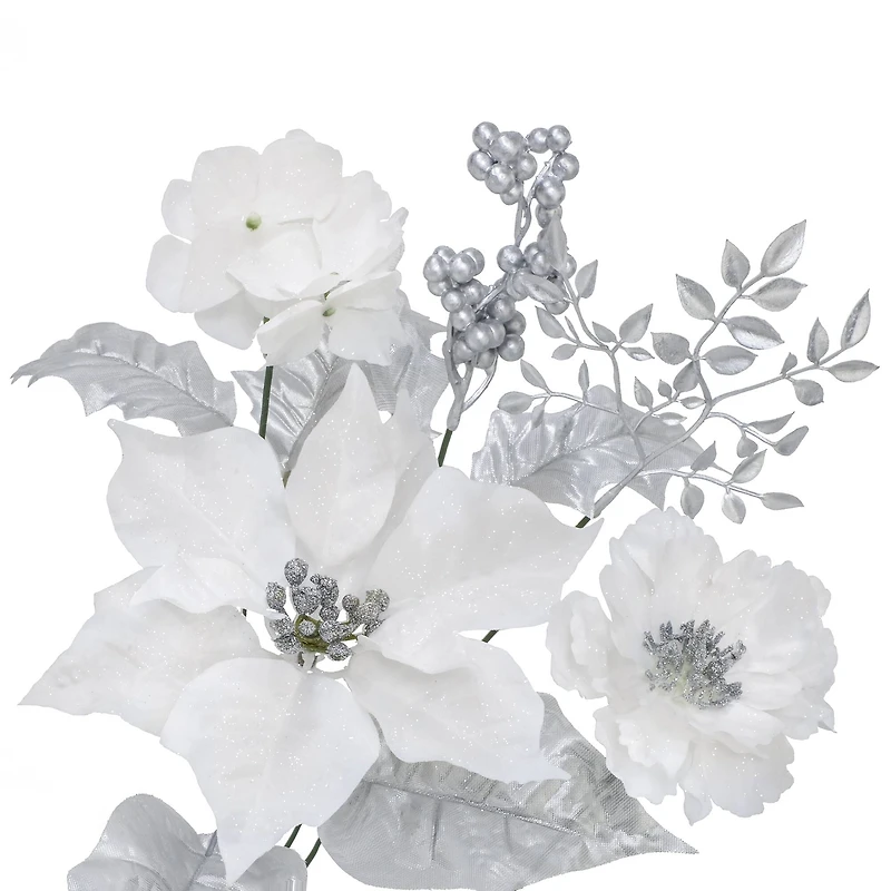 21" White & Silver Poinsettia, Peony & Berry Deluxe Bush by Ashland®