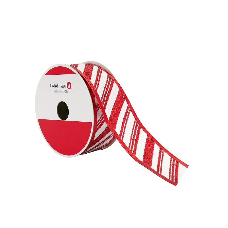 1.5" x 30ft. White & Red Glitter Diagonal Stripes Wired Ribbon by Celebrate It®