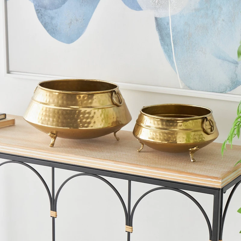 Gold Metal Scroll Foot Hammered Pot Planter Set