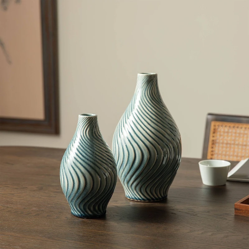 Glitzhome® Spiraling Artistry Turquoise Ceramic Modern Vase Set