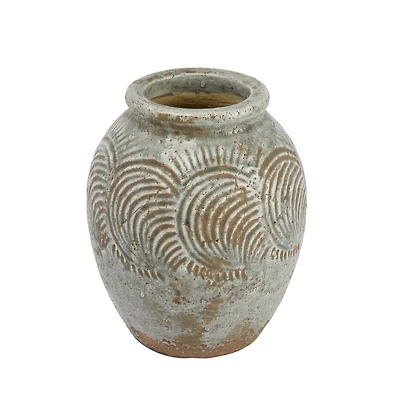 Hello Honey® 8.7" Distressed Gray Terracotta Vase with Embossed Pattern