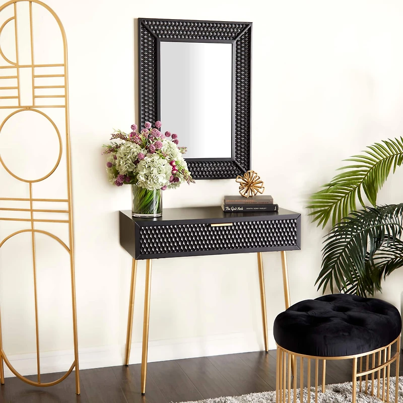 Set of 2" Black Wood Contemporary Console Table with Mirror, 31" x 31" x 16"
