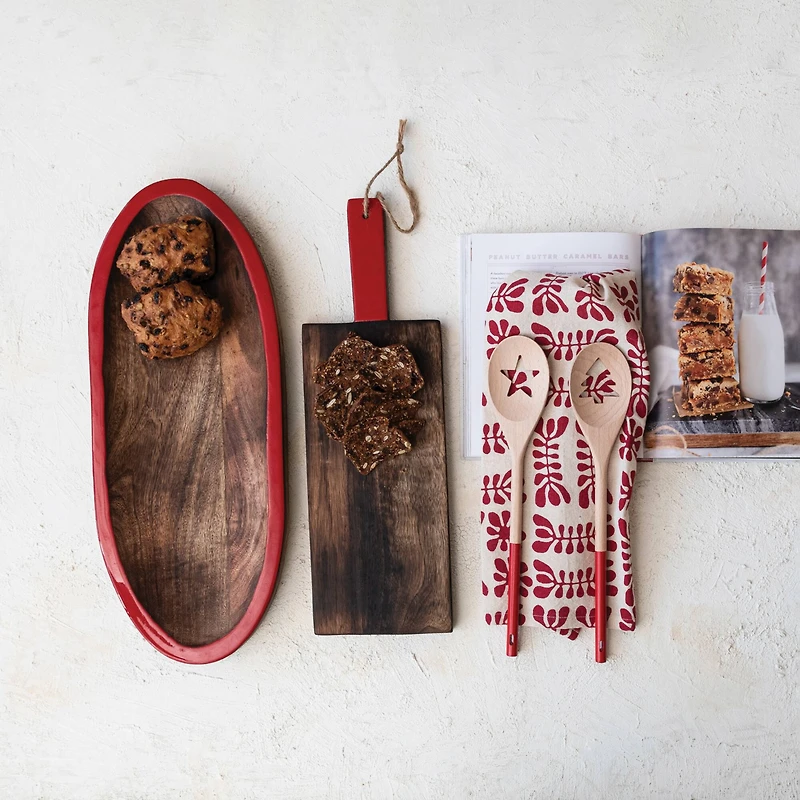 Hello Honey® 19.75" Hand-Carved Mango Wood Oval Tray with Red Enameled Edge