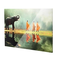 Elephant & Monks Walking Meditation Glossy Canvas Art