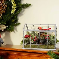 9" Red & Green Cardinal Boxwood Artificial Christmas Greenhouse Arrangement