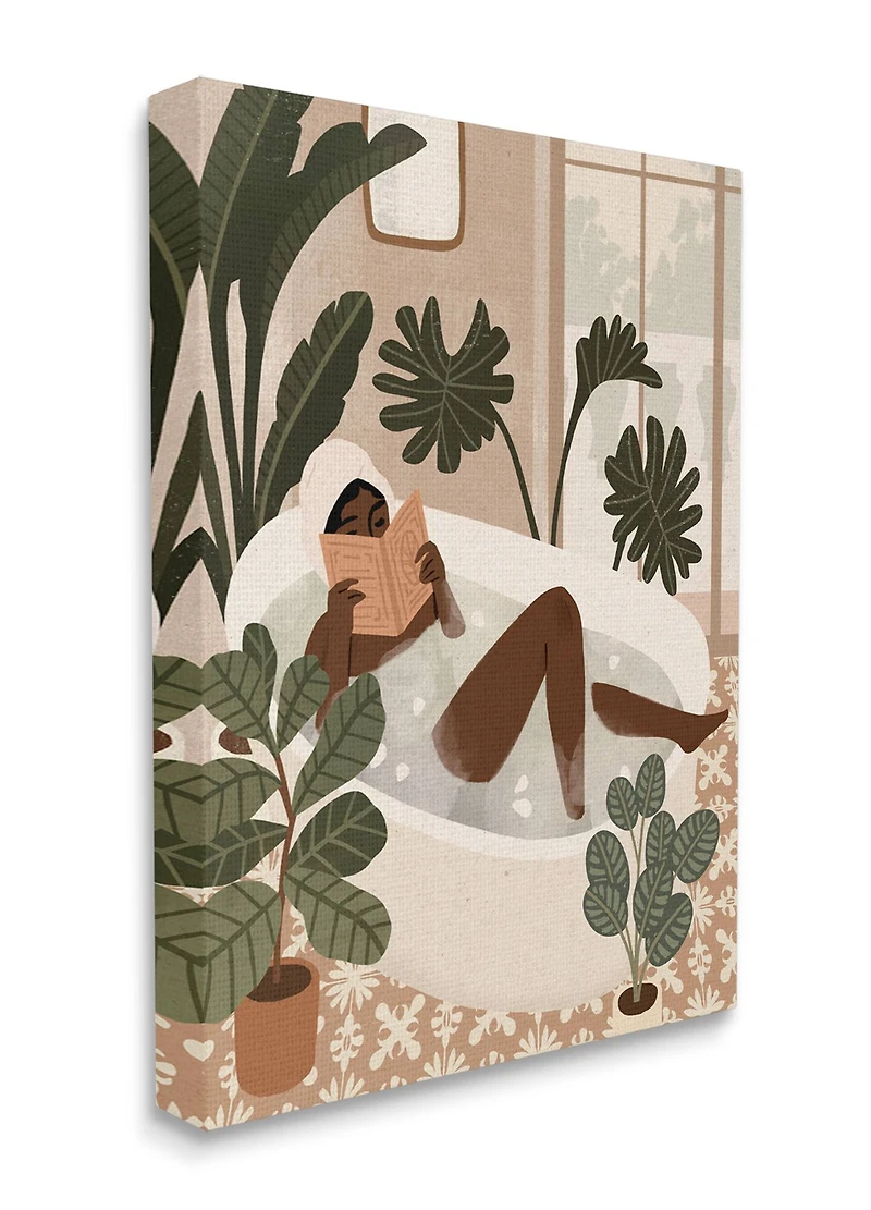 Stupell Industries Female Reading in Bath Tropical Palm Plants Canvas Wall Art