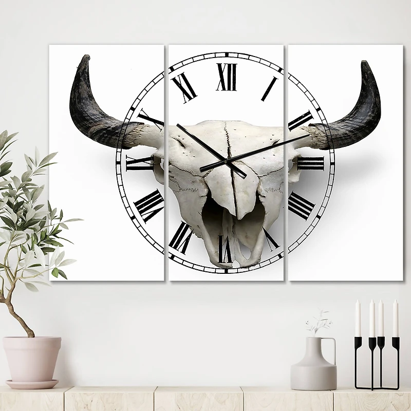 Designart White Cow Skull With Black Horns Oversized Farmhouse 3 panel Wall Clock