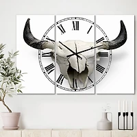 Designart White Cow Skull With Black Horns Oversized Farmhouse 3 panel Wall Clock