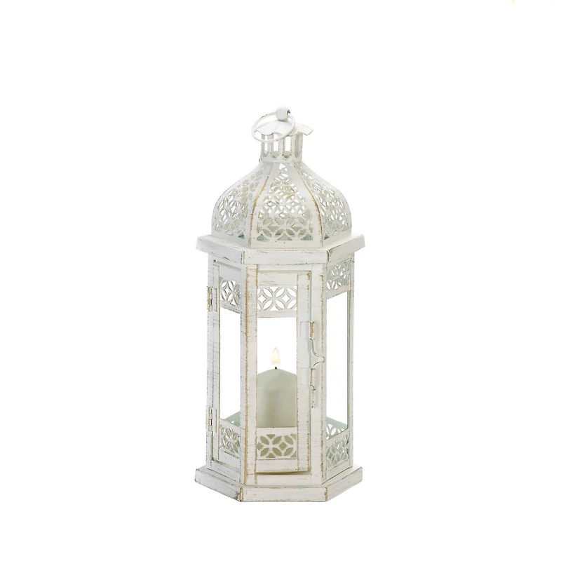 13.75" White Antique-Style Floral Lantern