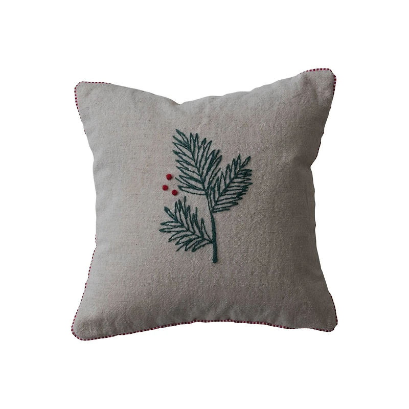 Hello Honey® 12" Hand-Embroidered Holly Cotton & Linen Throw Pillow with Blanket Stitch Edge