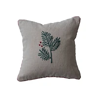 Hello Honey® 12" Hand-Embroidered Holly Cotton & Linen Throw Pillow with Blanket Stitch Edge
