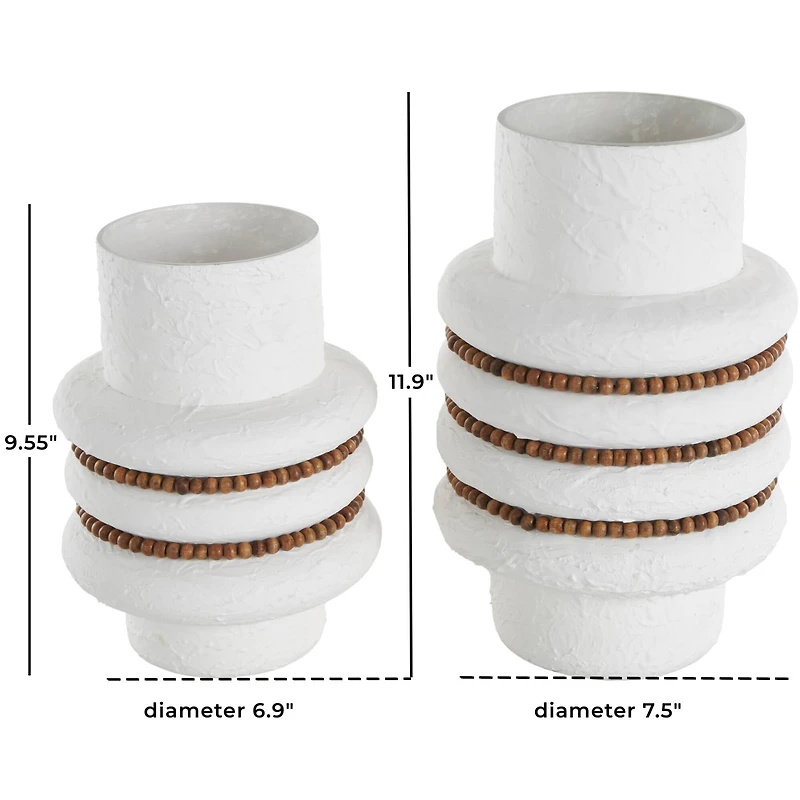 White Glass Textured Decorative Vase with Brown Wood Beaded Stripes Set
