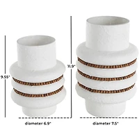 White Glass Textured Decorative Vase with Brown Wood Beaded Stripes Set