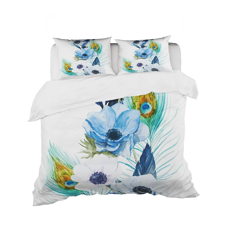 Designart 'Anemones And Peacock Feathers' Floral Bedding Set