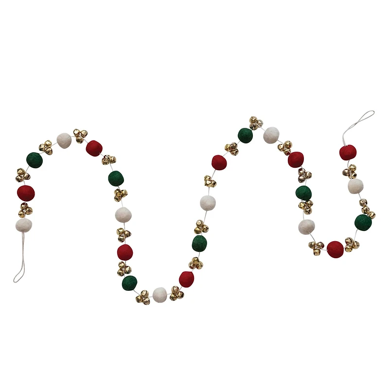 Hello Honey® 6ft. Red, Green & Cream Handmade Wool Felt Balls with Jingle Bells Garland