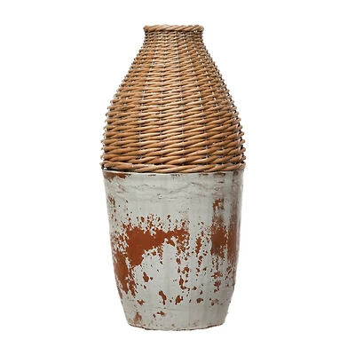 Hello Honey® 16.5" Distressed White Hand-Woven Rattan & Clay Vase