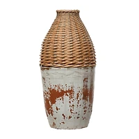 Hello Honey® 16.5" Distressed White Hand-Woven Rattan & Clay Vase