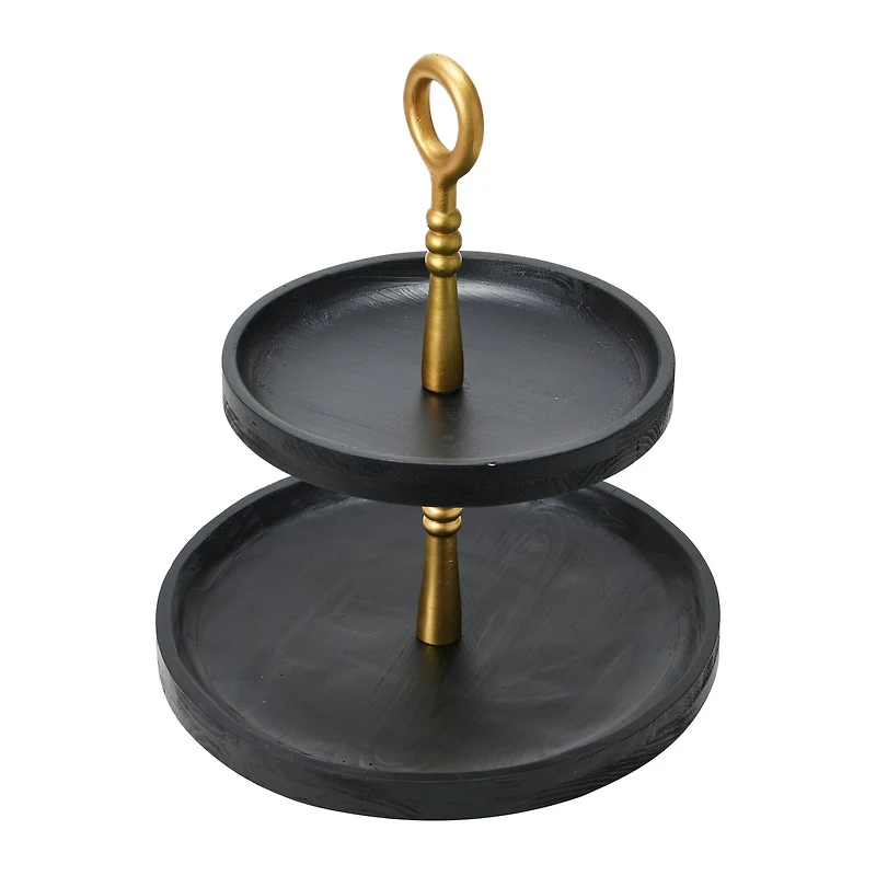 Hello Honey® 18" Black and Gold Wood 2-Tier Decorative Tray