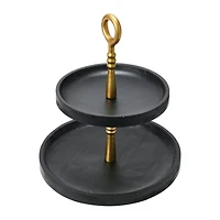 Hello Honey® 18" Black and Gold Wood 2-Tier Decorative Tray