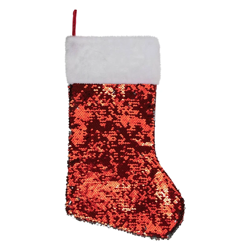 19" Red & Silver Sequin Christmas Stocking with White Faux Fur Cuff