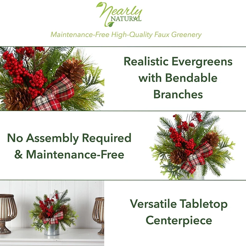 12" Holiday Winter Pinecones, Berries, Greenery & Plaid Bow Arrangement