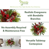 12" Holiday Winter Pinecones, Berries, Greenery & Plaid Bow Arrangement