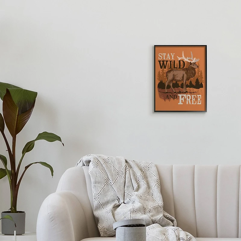 Stupell Industries Stay Wild and Free Phrase Forest Elk Landscape in Frame Wall Art
