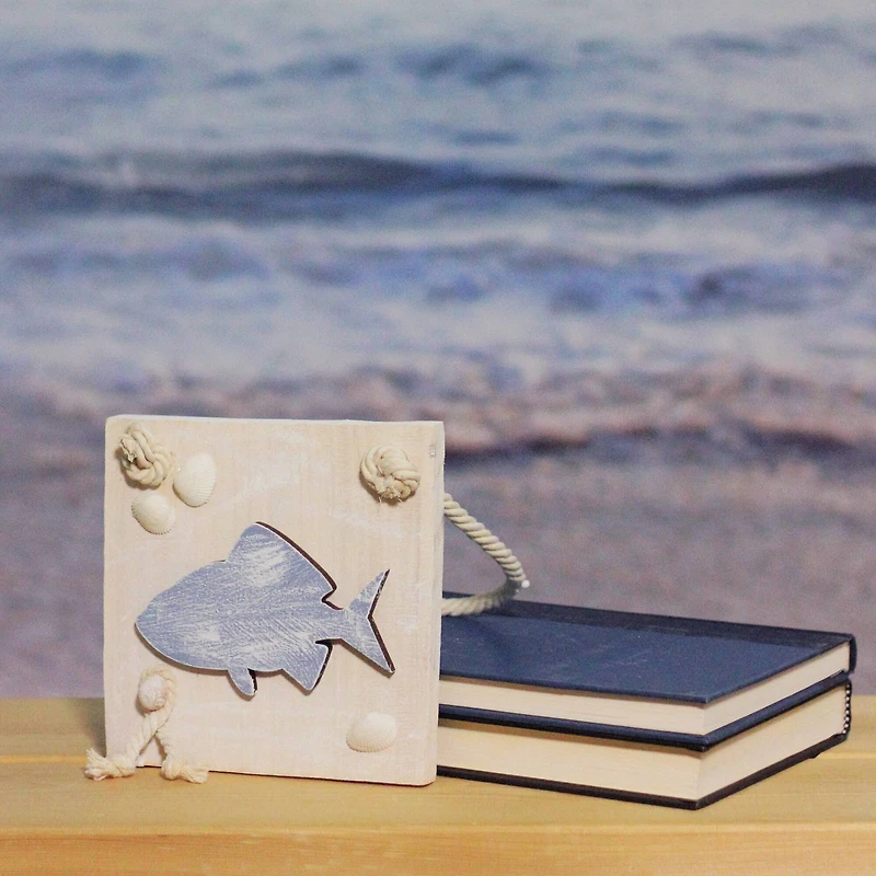 6" Blue & Beige Hanging Fish Plaque with Seashells Wall Accent