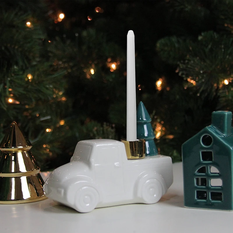 5" White Ceramic Truck with Christmas Tree Taper Candlestick Holder