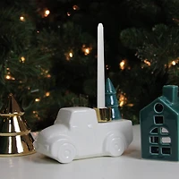 5" White Ceramic Truck with Christmas Tree Taper Candlestick Holder