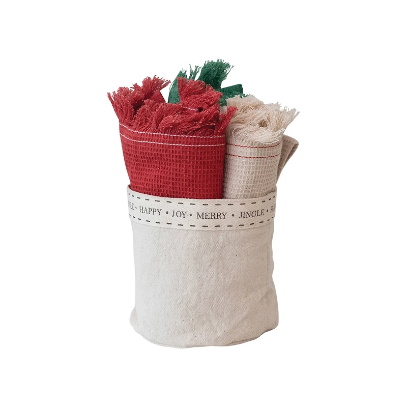 Hello Honey® Red, Green & Natural Cotton Waffle Weave Tea Towel Set with Fringe