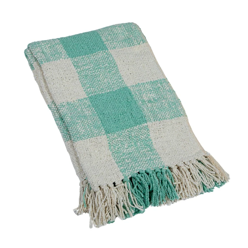 Hello Honey® Mint & Cream Plaid Hand-Woven Cotton Throw with Fringe