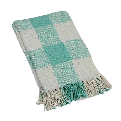 Hello Honey® Mint & Cream Plaid Hand-Woven Cotton Throw with Fringe